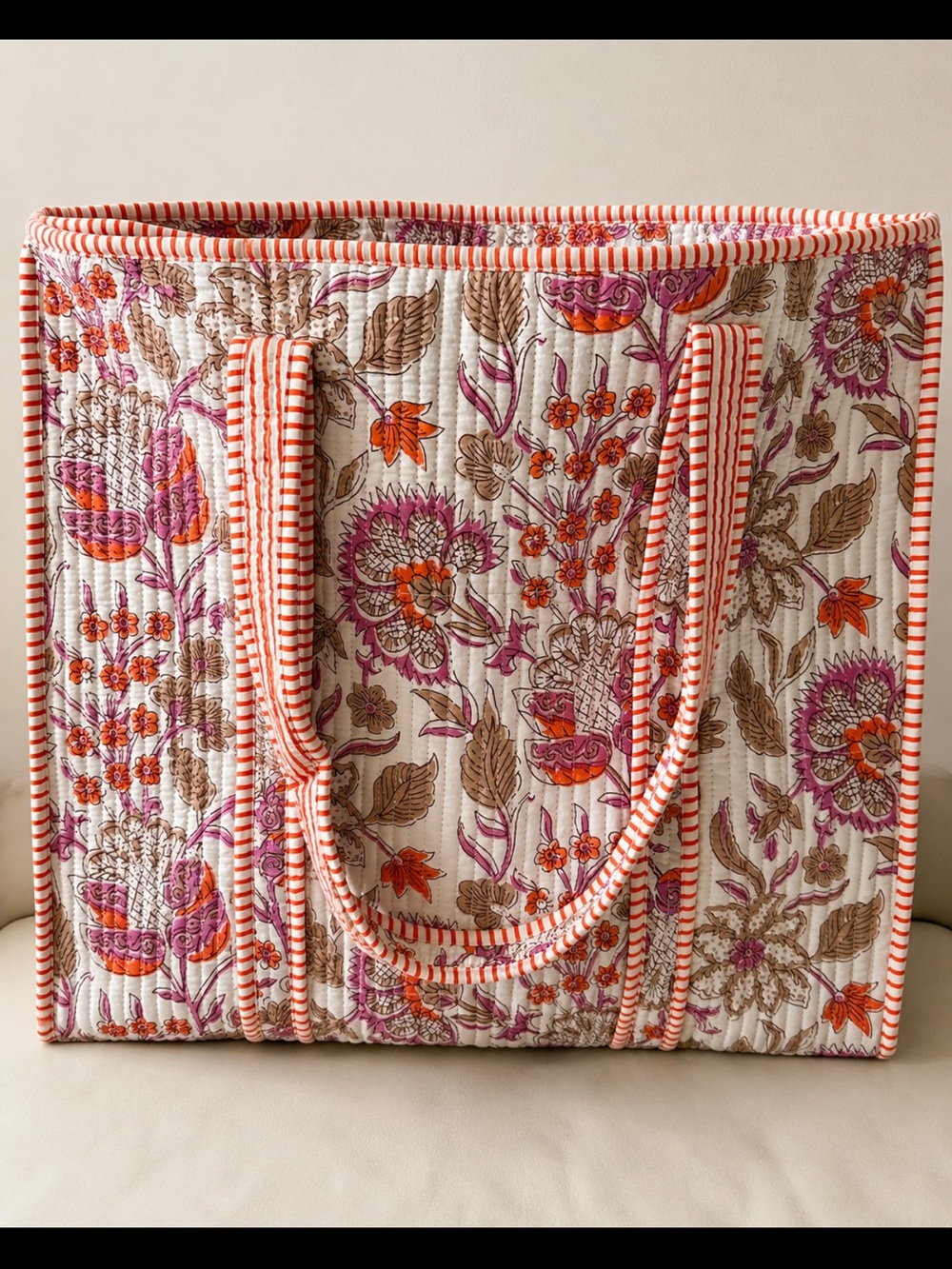 POL Quilted Floral Tote in Pink, Orange & Brown